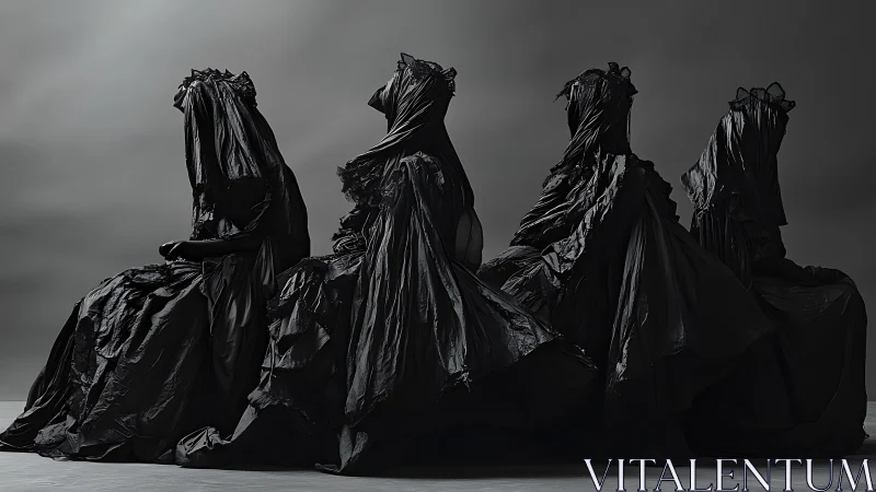 Draped black shrouded figures in sculptural studio lighting.