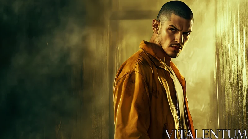 Moody low-key portrait of man in yellow jacket with harsh backlight