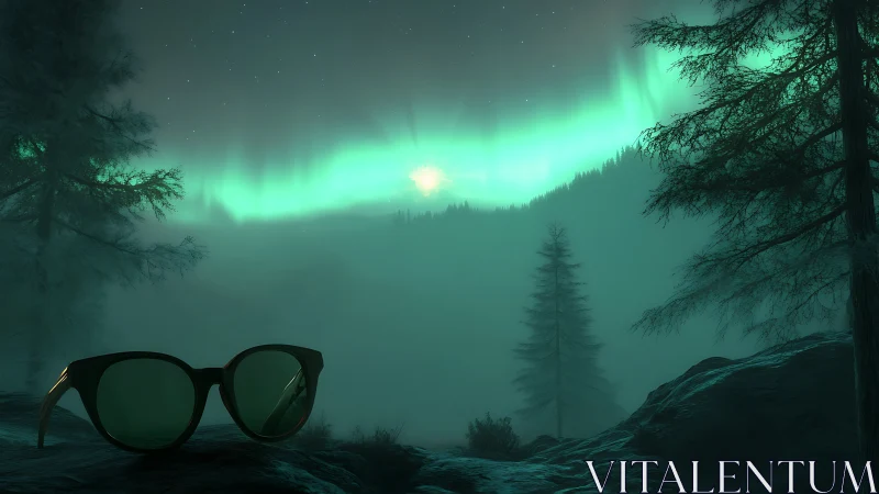 Emerald aurora shimmers above misty forest and lone glasses