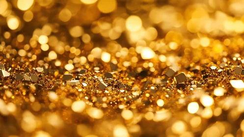 Macro view of golden glitter particles in soft focus field.