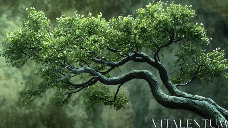 Curved forest tree with luminous green spring foliage.