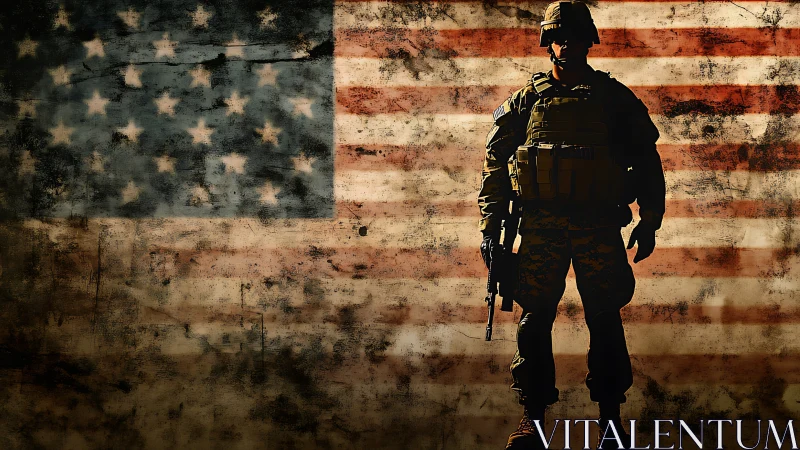 Battleworn silhouette stands guard before weathered flag.