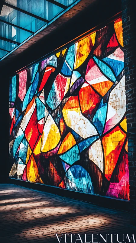 Glass wall shows abstract multicolor geometric composition