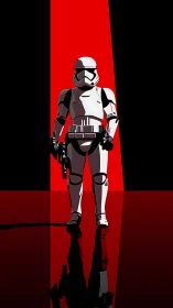 Armored sci-fi soldier in red spotlight with stark reflection.