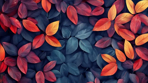 Glowing autumn leaves resting gently on deep blue shadows.