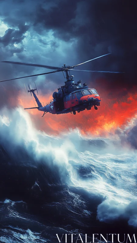 Rescue helicopter fights storm above raging ocean waves.