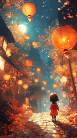 Child beneath floating lanterns on autumn village path at night
