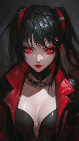 Cybernetic anime femme fatale with red ocular glow and harness