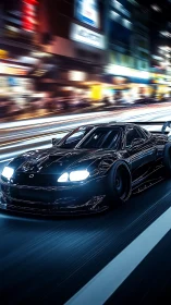 Cyberpunk night racer with motion-blur neon corridor composition.