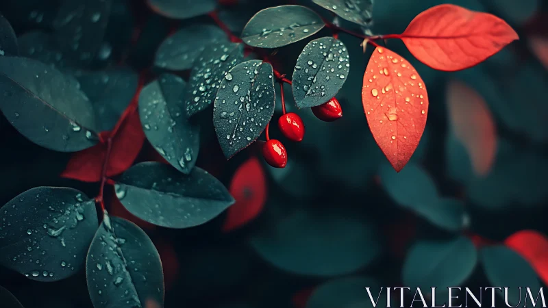 Raindrops glisten on red berries against deep teal foliage