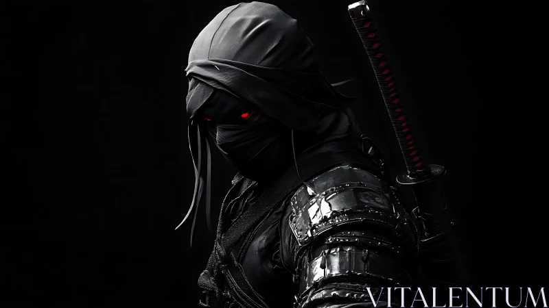 Dark armored ninja with glowing red eyes and katana ready.