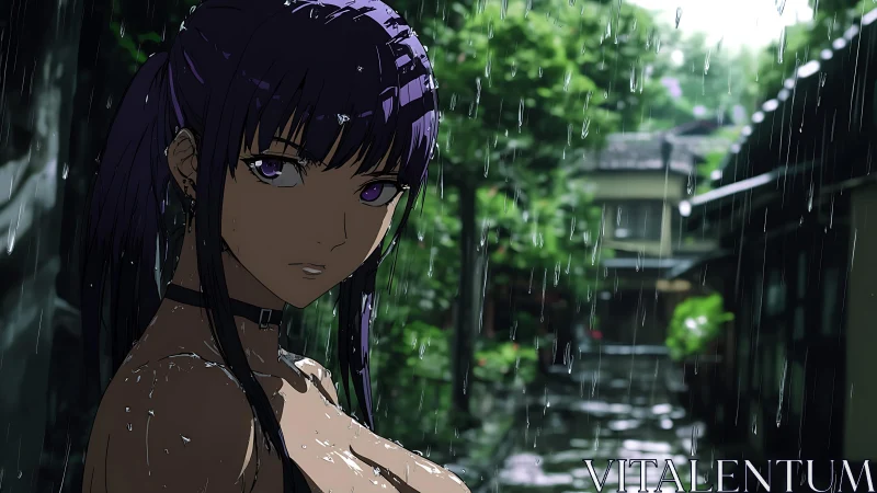 Purple haired anime woman in rainy alleyway scene.
