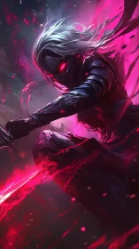 Crimson energy swirls around a masked warrior in mid-strike
