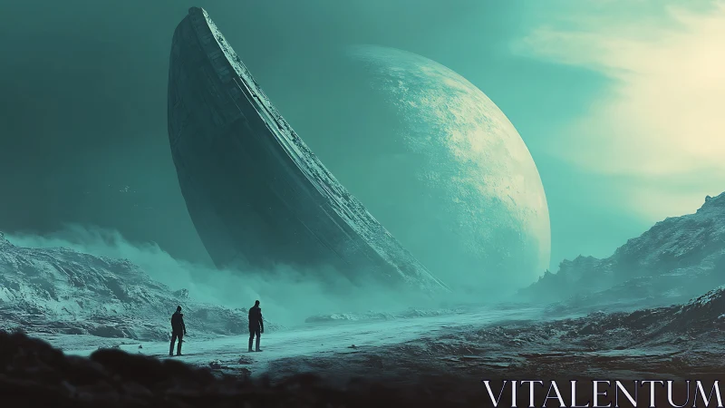 Futuristic explorers study colossal alien monolith on ice world.