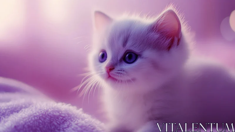 Enchanting white kitten with lavender eyes in a dreamy purple world