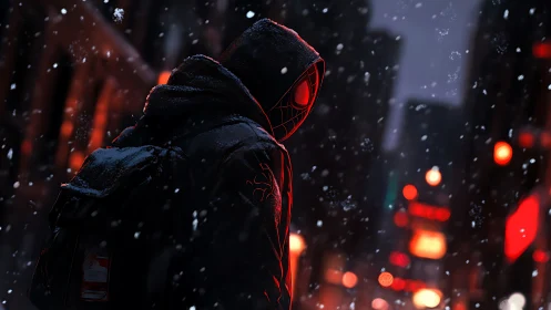 Hooded masked figure in snowy urban night environment.