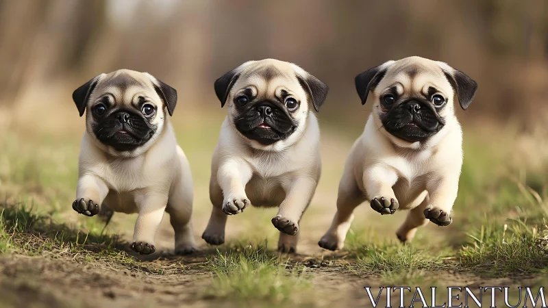 Three small pug puppies run in parallel along a dirt path