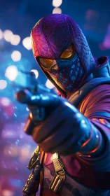 Masked urban vigilante in neon environment pointing forward.
