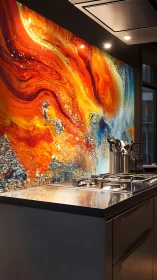 Digital painting backsplash with molten abstract colorfield wall.