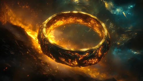 Digital painting of molten golden ring in volcanic void.