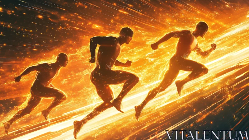 Triadic runners accelerate through luminous streaked energy field