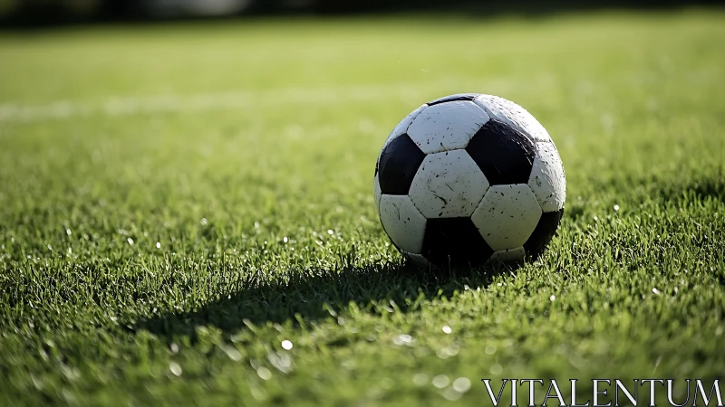 Soccer ball rests on trimmed grass under directional sunlight