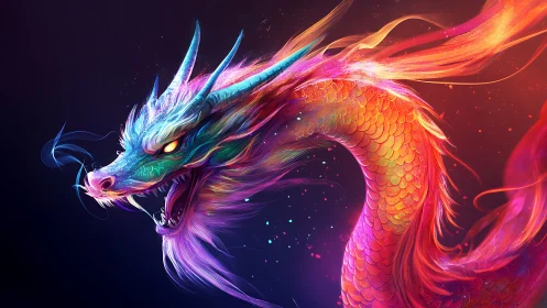 Vibrant neon dragon head and body rendered in dynamic motion