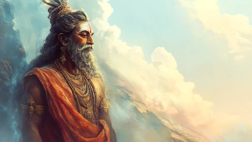 Serene mountain sage gazing into glowing painted skies.