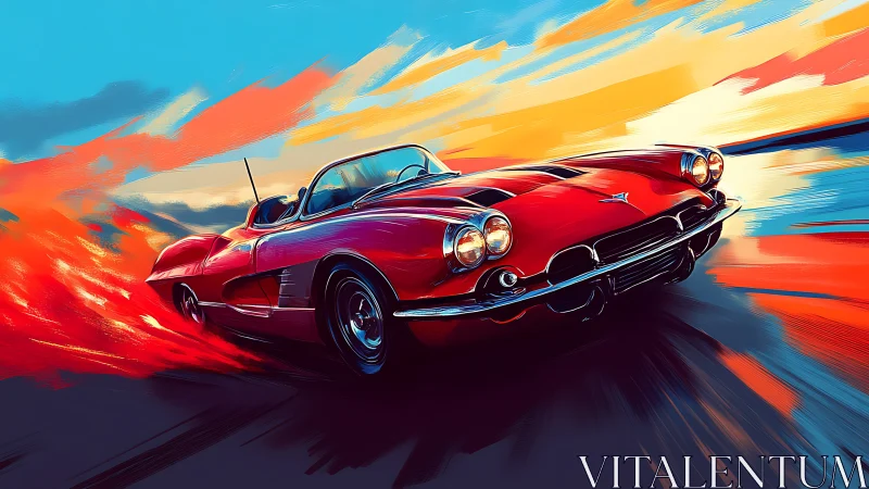 Red vintage roadster racing through vivid sunset streaks.