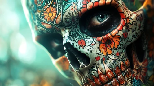 Floral sugar skull gaze wrapped in luminous teal hush.