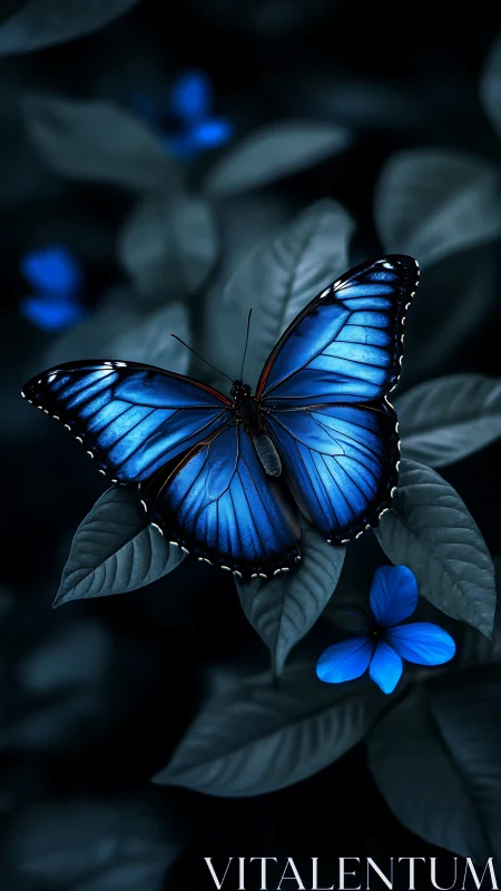 Blue morpho butterfly rests on dark foliage, neon glow.