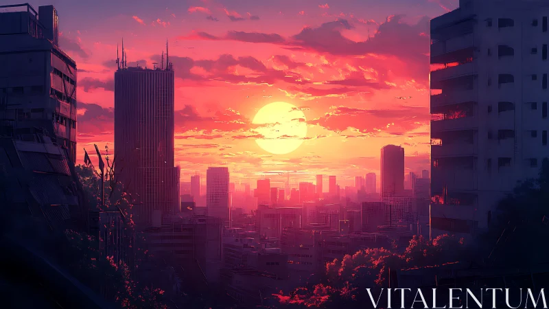 Intense sunset over dense futuristic city skyline.