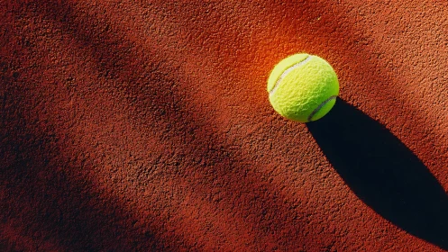 Tennis ball rests on textured red court under strong sunlight