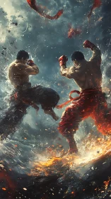 Storm-forged fighters trade blazing kicks in a sky of sparks