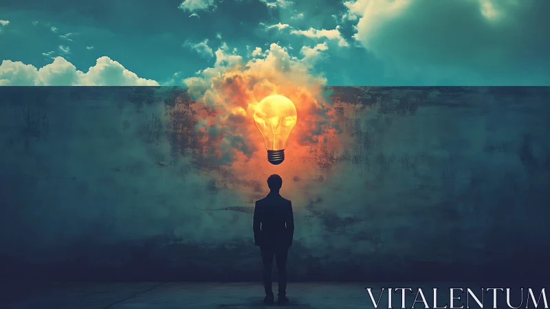 Silhouetted figure confronts luminous idea bulb on abstract wall
