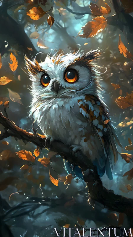 High-detail fantasy owl perched on branch in autumn forest
