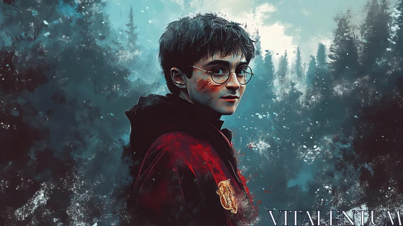 Brooding young wizard in crimson robe amid misty pines.