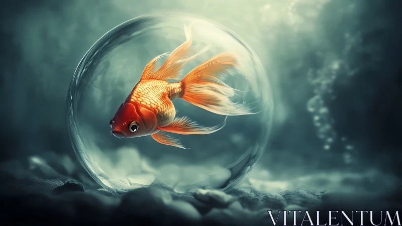 Goldfish enclosed in glass sphere over soft seabed.