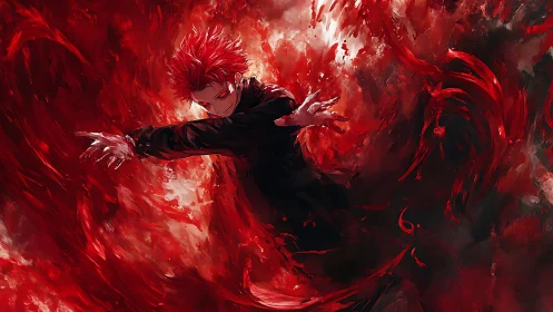 Red haired anime figure controls swirling crimson energy.