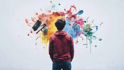 Young man in red jacket facing vibrant abstract wall art.