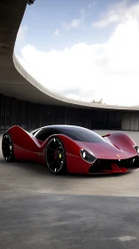 Radical red supercar concept gleams in sleek courtyard.