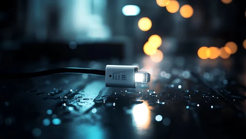 Cinematic macro of USB-C connector on wet reflective surface.