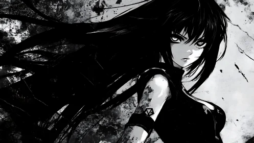 Dark anime warrior stares through chaos in stark monochrome
