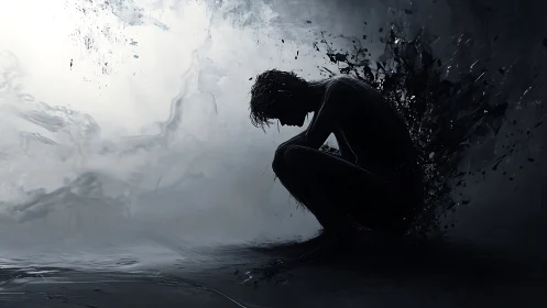 Shadowed figure curls inward and quietly holds their fragile light