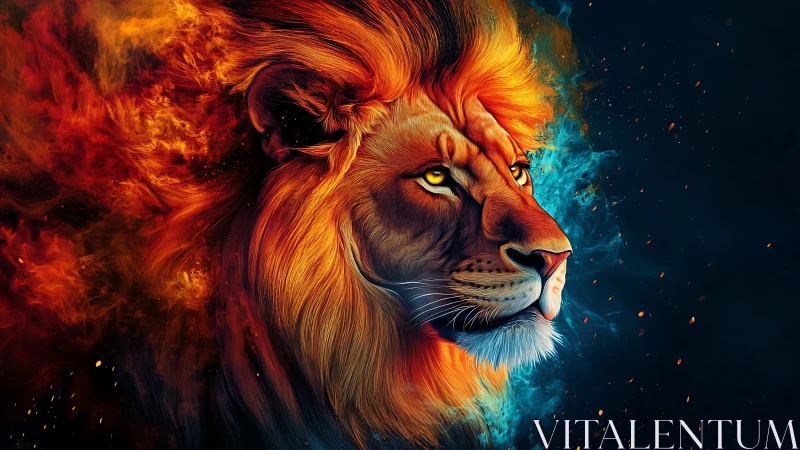 Fiery lion portrait with vivid flames and cool blue smoke.