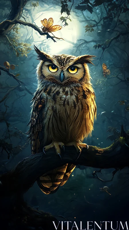 Moonlit owl sentinel amid glowing forest butterflies.