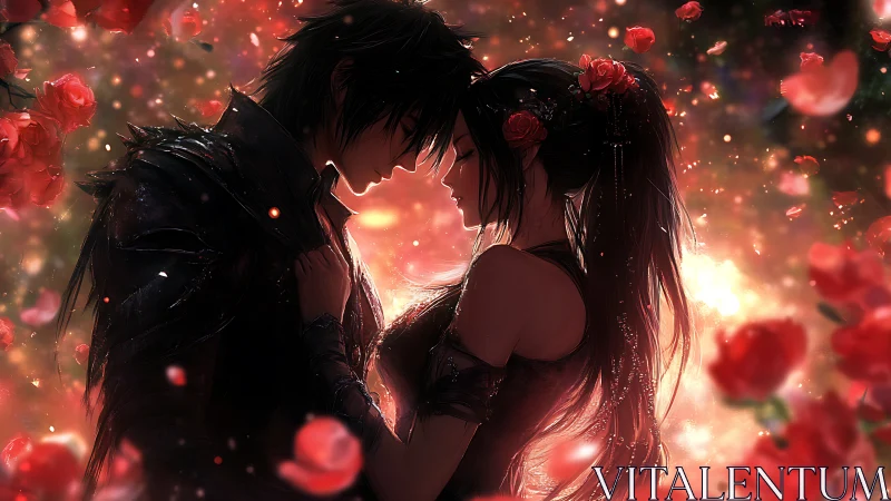 Silhouetted Couple with Luminous Roses and Atmospheric Lighting