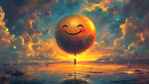 Luminous emoji balloon over chromatic sunset seascape horizon.