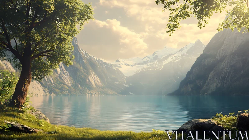 Peaceful mountain lake cradled by sunlit cliffs and pines.