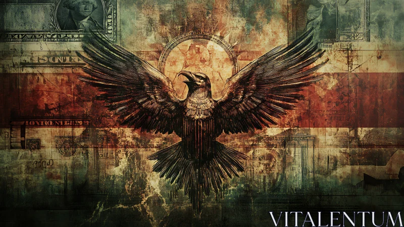 Raven of rusted empires rising over fractured currency skies.